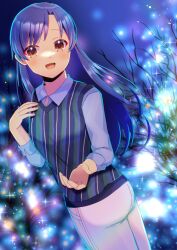 Rule 34 | 1girl, :d, ass, bare tree, blue shirt, blurry, blurry background, blush, brown eyes, collared shirt, commentary request, commission, depth of field, diagonal stripes, idolmaster, idolmaster (classic), kisaragi chihaya, kou hiyoyo, long hair, long sleeves, looking at viewer, night, open mouth, outdoors, pants, parted bangs, purple hair, shirt, skeb commission, smile, solo, striped, sweater vest, tree, twister, very long hair, white pants
