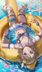 Rule 34 | 1girl, absurdres, bikini, blue bikini, blue eyes, breasts, brown hair, cleavage, closed mouth, highres, innertube, looking at viewer, love live!, love live! sunshine!!, lying, medium breasts, on back, rubber duck, silvertsuki, smile, solo, striped bikini, striped clothes, swim ring, swimsuit, upside-down, watanabe you