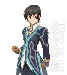 Rule 34 | 1boy, black hair, brown eyes, clenched hand, coat, gloves, jude mathis, male focus, official art, pants, smile, solo, tales of (series), tales of xillia, transparent background, white background