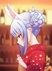 Rule 34 | 1girl, absurdres, alternate hairstyle, animal ear fluff, animal ears, blue hair, blurry, blurry background, bottle, braid, braided bun, brown eyes, bush, closed mouth, commentary request, depth of field, from side, hair bun, head down, highres, hololive, huge filesize, japanese clothes, kimono, multicolored hair, obi, official alternate costume, pikao, rabbit ears, sash, single hair bun, solo, thick eyebrows, two-tone hair, usada pekora, usada pekora (new year), virtual youtuber, white hair