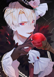 Rule 34 | 1boy, alternate costume, ascot, black gloves, blonde hair, bug, butterfly39561, eyeshadow, fang, fate/grand order, fate/stay night, fate (series), flower, gilgamesh (fate), gloves, hair between eyes, halloween, hat, hat flower, makeup, male focus, mini hat, mini top hat, pink flower, pink rose, red eyes, rose, scepter, silk, smile, solo, spider, spider web, top hat, upper body, white ascot