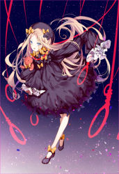 Rule 34 | 1girl, abigail williams (fate), black bow, black dress, black footwear, black hat, blonde hair, blue eyes, bow, bug, butterfly, commentary request, dress, fate/grand order, fate (series), hair bow, hands in opposite sleeves, hat, hugging object, insect, kinokohime, long hair, long sleeves, looking at viewer, noose, orange bow, outstretched arm, parted bangs, parted lips, polka dot, polka dot bow, shoes, solo, standing, stuffed animal, stuffed toy, teddy bear, very long hair