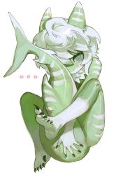 Rule 34 | ..., 1girl, absurdres, bad id, bad twitter id, blush, claws, colored skin, feet, female focus, fins, fish tail, furry, furry female, green skin, grintasia, highres, looking at viewer, nude, original, shark girl, shark tail, simple background, solo, tail, hugging tail, white background, white hair