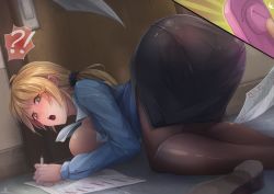 Rule 34 | 1girl, all fours, ass, bad id, bad pixiv id, bent over, blonde hair, blush, breasts, ellen baker, green eyes, heart, heart-shaped pupils, highres, large breasts, long hair, new horizon, open mouth, panties, panties under pantyhose, pantyhose, pantylines, pencil skirt, ponytail, rebe11, revision, scrunchie, sex toy, skirt, solo focus, symbol-shaped pupils, teacher, underwear, vibrator
