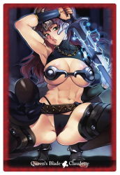 Rule 34 | 1girl, abs, armor, border, breasts, buckle, character name, claudette (queen&#039;s blade), claudette (queen's blade), claudette lord of thundercloud, cleavage, electricity, f.s., green eyes, helmet, highleg, highleg panties, jewelry, large breasts, lips, long hair, muscular, muscular female, panties, queen&#039;s blade, red border, red hair, spread legs, squatting, sword, thighhighs, thong, toned, underwear, weapon