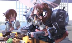 Rule 34 | 10s, 12 (xaenedju), 2girls, bare shoulders, bird, blush, bowl, breasts, brown eyes, brown hair, cherry blossoms, chicken, chopsticks, detached sleeves, flower, food, hair flower, hair ornament, hair up, inazuma (kancolle), japanese clothes, kantai collection, large breasts, long hair, looking at viewer, miniskirt, multiple girls, oil-paper umbrella, personification, ponytail, rice, school uniform, serafuku, short hair, single thighhigh, sitting, skirt, smile, thighhighs, umbrella, very long hair, yamato (kancolle)