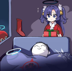Rule 34 | ..., 1boy, 2girls, akira (blue archive), bell, blanket, blue archive, blue eyes, blue halo, box, christmas, closed mouth, doodle sensei (blue archive), gift, gift box, hair bell, hair ornament, halo, highres, hm (hmongt), holding, holding box, indoors, long hair, long sleeves, mismatched pupils, multiple girls, noa (blue archive), on bed, purple hair, red halo, santa costume, sensei (blue archive), shiroko (blue archive), two side up, under covers, wakamo (blue archive), white halo, yuuka (blue archive)