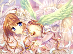 Rule 34 | 1girl, absurdres, angel wings, ass, blue eyes, blush, bridal veil, brown hair, closed mouth, cupcake, dress, elbow gloves, feathered wings, feathers, food, from side, gloves, highres, looking at viewer, looking to the side, lying, macaron, on stomach, smile, solo, tareme, tatekawa mako, veil, wedding dress, wings