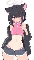 Rule 34 | 1girl, alternate costume, animal ears, bikini, black hair, black jacket, blue archive, blush, bright pupils, colored inner hair, cowboy shot, crop top, halo, highleg, highleg bikini, highres, jacket, jacket over swimsuit, kazusa (blue archive), long sleeves, looking at viewer, mikokomiyazawa, multicolored hair, open clothes, open jacket, pink bikini, pink hair, red eyes, short hair, short shorts, shorts, simple background, sleeveless, solo, sweat, swimsuit, tan, tanline, two-tone hair, white background, white pupils, wide hips