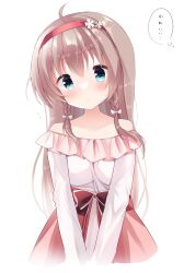 Rule 34 | 1girl, ahoge, aqua eyes, bare shoulders, black bow, blush, bow, braid, breasts, closed mouth, collarbone, commentary request, cowboy shot, eyelashes, flying sweatdrops, frilled shirt, frills, hair between eyes, hair bow, hairband, head tilt, highres, large breasts, light brown hair, long hair, long sleeves, looking at viewer, official alternate costume, official alternate hairstyle, pink skirt, red hairband, sanoba witch, shiiba tsumugi, shirt, shy, simple background, skirt, smile, solo, straight hair, sweatdrop, takepoison, thought bubble, translated, twin braids, v arms, very long hair, white background, white bow, white shirt