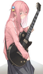 Rule 34 | 1girl, blue eyes, bocchi the rock!, gotoh hitori, guitar, hair between eyes, cube hair ornament, hair ornament, highres, holding, holding instrument, instrument, jacket, long hair, long sleeves, open mouth, pallad, pink hair, pink jacket, simple background, white background