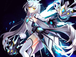 Rule 34 | 1girl, bad id, bad pixiv id, black gloves, code: battle seraph (elsword), cowboy shot, detached collar, elsword, eve (elsword), expressionless, flat chest, gloves, icedango (dpopic3), leotard, long hair, looking at viewer, moby (elsword), no nose, remy (elsword), signature, solo, thighhighs, white hair, white leotard, white thighhighs, yellow eyes