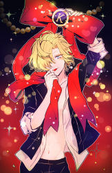 Rule 34 | 10s, 1boy, amo (yellowpink a), blonde hair, blue eyes, blush, collarbone, diabolik lovers, earrings, eyelashes, hair over one eye, jacket, jewelry, looking at viewer, male focus, mukami kou, navel, open clothes, open jacket, open shirt, ribbon, school uniform, shirt, single earring, smile, solo, sparks, tongue, tongue out, uniform, upper body