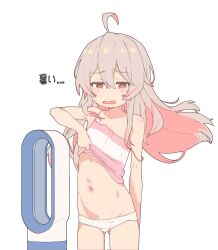 Rule 34 | 1girl, ahoge, bladeless fan, blush, brown eyes, camisole, camisole lift, clothes lift, collarbone, colored inner hair, cowboy shot, electric fan, fanning self, flat chest, grey hair, hair between eyes, highres, lifting own clothes, long hair, multicolored hair, navel, no pants, onii-chan wa oshimai!, open mouth, oyama mahiro, panties, pink camisole, pink hair, romaji commentary, s10021, simple background, solo, spaghetti strap, stomach, strap slip, sweat, translated, two-tone hair, underwear, white background, white panties, wind
