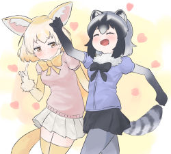 Rule 34 | 2girls, :d, ^ ^, absurdres, animal ear fluff, animal ears, bad id, bad pixiv id, black hair, black neckwear, black skirt, blonde hair, blush, bow, bowtie, brown eyes, closed eyes, commentary, common raccoon (kemono friends), cowboy shot, elbow gloves, extra ears, closed eyes, fang, fennec (kemono friends), fox ears, fox girl, fox tail, fur collar, fur trim, gloves, gradient gloves, grey hair, grey legwear, heart, highres, index finger raised, kemono friends, kona ming, multicolored hair, multiple girls, open mouth, outstretched arms, pantyhose, pleated skirt, puffy short sleeves, puffy sleeves, raccoon ears, raccoon tail, short hair, short sleeves, simple background, skirt, smile, striped tail, tail, thighhighs, walking, white gloves, white skirt, yellow legwear, yellow neckwear