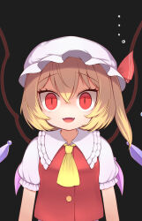 Rule 34 | ..., ascot, black background, blonde hair, collared shirt, empty eyes, fangs, flandre scarlet, frilled shirt collar, frills, harunoha, hat, hat ribbon, highres, mob cap, one side up, open mouth, puffy short sleeves, puffy sleeves, red eyes, red ribbon, red vest, ribbon, shirt, short hair, short sleeves, slit pupils, touhou, upper body, vest, wings, yellow ascot