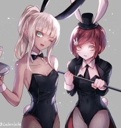Rule 34 | 2girls, ;d, alternate hairstyle, animal ears, bare shoulders, black bow, black hat, black jacket, black leotard, black neckwear, blonde hair, blunt bangs, blush, bow, bowtie, breasts, brown eyes, choker, cleavage, collarbone, covered navel, danganronpa (series), danganronpa v3: killing harmony, dark-skinned female, dark skin, fake animal ears, fishnet pantyhose, fishnets, grey background, hair ornament, hat, head tilt, high ponytail, holding, holding plate, jacket, leotard, long sleeves, looking at viewer, looking away, mini hat, multiple girls, necktie, one eye closed, open clothes, open jacket, open mouth, pantyhose, plate, playboy bunny, rabbit hair ornament, rabbit tail, red hair, short hair, sidelocks, simple background, sleeveless, small breasts, smile, standing, strapless, strapless leotard, tail, thigh gap, traditional bowtie, wrist cuffs, yonaga angie, yumeno himiko, z-epto (chat-noir86)