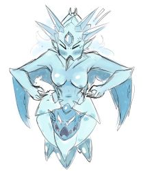 Rule 34 | 1girl, absurdres, anger vein, blue skin, blush, breasts, collarbone, colored skin, doce, closed eyes, female focus, forehead jewel, full body, gem, highres, ice queen (terraria), monster girl, navel, pointy ears, simple background, solo, terraria, white background