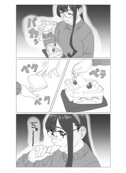 Rule 34 | 1girl, alternate costume, cake, commentary request, folding, food, glasses, greyscale, hairband, highres, kantai collection, long hair, monochrome, multiple views, ojipon, ooyodo (kancolle), sweater, upper body