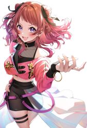 Rule 34 | 1girl, absurdres, black shirt, black skirt, blush, braid, breasts, cleavage, commentary request, cowboy shot, cropped jacket, double bun, earrings, fang, fingerless gloves, gakuen idolmaster, gawawawa, gloves, hair bun, hanami saki, hand on own hip, highres, hoop earrings, idolmaster, jacket, jewelry, looking at viewer, medium breasts, midriff, miniskirt, open mouth, pink jacket, purple eyes, red hair, shirt, simple background, skirt, sleeveless, sleeveless shirt, smile, solo, thigh strap, twin braids, two side up, white background