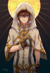 Rule 34 | 1boy, bishounen, black gloves, blue eyes, brown hair, capelet, closed mouth, commentary request, cross, csyday, dungeon and fighter, expressionless, fingerless gloves, gloves, gold trim, highres, holding, holding cross, hood, hood up, hooded capelet, latin cross, looking at viewer, male focus, michael of the holy eye (dungeon and fighter), multicolored eyes, pants, priest, purple eyes, shirt, short hair, short sleeves, signature, solo, white capelet, white pants, white shirt, wide sleeves