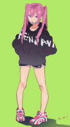 Rule 34 | 1girl, bandaid, bandaid on knee, bandaid on leg, black hoodie, black shorts, blue eyes, clothes writing, dated, dolphin shorts, full body, grey background, grey mask, highres, hood, hood down, hoodie, long hair, looking at viewer, mask, mask pull, mouth mask, original, pigeon-toed, pink hair, print hoodie, quad tails, reebok, sharp teeth, shoes, short shorts, shorts, simple background, sneakers, solo, standing, surgical mask, teeth, twintails, yukiyoshi mamizu