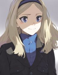 Rule 34 | 1girl, aleksandra i. pokryshkin, blonde hair, blue eyes, blush, brave witches, closed mouth, commentary request, hairband, highres, looking to the side, military, military uniform, portrait, shiratama (hockey), simple background, solo, uniform, world witches series