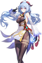 Rule 34 | 1girl, ahoge, bare shoulders, bell, black gloves, blue hair, bodysuit, breasts, brown bodysuit, closed mouth, commentary request, detached sleeves, feet out of frame, ganyu (genshin impact), genshin impact, gloves, hair between eyes, hand up, highres, horns, long hair, long sleeves, medium breasts, orb, pantyhose, purple eyes, ririko (zhuoyandesailaer), simple background, sleeves past wrists, smile, solo, v, very long hair, white background, white sleeves, wide sleeves