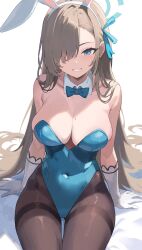Rule 34 | 1girl, animal ears, asuna (blue archive), asuna (bunny) (blue archive), bare shoulders, blonde hair, blue archive, blue bow, blue bowtie, blue eyes, blue leotard, bow, bowtie, breasts, brown pantyhose, chikoku, cleavage, collarbone, covered navel, detached collar, fake animal ears, gloves, grin, hair over one eye, hairband, halo, highres, large breasts, leotard, long hair, looking at viewer, mole, mole on breast, official alternate costume, pantyhose, playboy bunny, rabbit ears, sitting, smile, solo, thighband pantyhose, very long hair, white gloves, white hairband