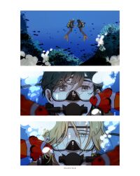 Rule 34 | 2boys, air bubble, ash lynx, banana fish, blonde hair, brown eyes, brown hair, bubble, clownfish, coral, coral reef, diving, diving suit, eye contact, fish, full body, goggles, grey eyes, highres, holding hands, looking at another, male focus, multiple boys, naruysae, okumura eiji, scuba tank, short hair, signature, underwear, yaoi