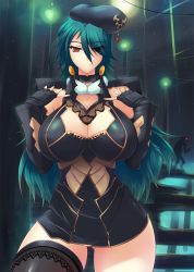 Rule 34 | 1girl, aqua hair, bare shoulders, black gloves, black thighhighs, breasts, cleavage, covered erect nipples, detached sleeves, earrings, female focus, fingerless gloves, gloves, haganef, hat, highres, huge breasts, jewelry, lace, lace-trimmed legwear, lace trim, long hair, miniskirt, night, original, outdoors, red eyes, skirt, solo, thighhighs