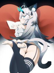 Rule 34 | 1girl, absurdres, animal ears, ass, black panties, black thighhighs, blue eyes, book, borrowed character, cat ears, cat girl, cat tail, expressionless, from behind, garter straps, gradient hair, grey hair, highres, horns, long hair, long sleeves, looking at viewer, lying, midsummerw, multicolored hair, off-shoulder sweater, off shoulder, on stomach, open book, original, panties, pointy ears, stirrup legwear, sweater, tail, thighhighs, toeless legwear, underwear, white hair, white sweater