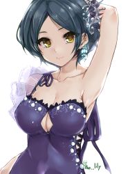 Rule 34 | 1girl, absurdres, arm up, armpits, bare shoulders, black hair, breasts, cleavage, collarbone, commentary request, dress, earrings, hayami kanade, highres, idolmaster, idolmaster cinderella girls, jewelry, large breasts, looking at viewer, paopao, purple dress, short hair, solo, tiara, tilted headwear, upper body, white background, yellow eyes