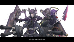 Rule 34 | 10s, 2girls, black gloves, black legwear, black skirt, cannon, checkered clothes, checkered necktie, checkered neckwear, collared shirt, eyepatch, gloves, grin, halo, headgear, highres, holding, holding sword, holding weapon, kantai collection, letterboxed, machinery, mechanical halo, miniskirt, multiple girls, necktie, parted bangs, pleated skirt, polearm, purple hair, red eyes, shirt, short hair, skirt, smile, swept bangs, sword, tatsuta (kancolle), tenryuu (kancolle), vandana, weapon, yellow eyes