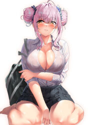 Rule 34 | 1girl, alternate costume, arm under breasts, bag, bare legs, black skirt, blue archive, blush, breasts, button gap, cleavage, collarbone, desk, double bun, hair bun, kawai (purplrpouni), large breasts, light smile, looking at viewer, mika (blue archive), no halo, partially unbuttoned, pink hair, pleated skirt, school bag, school desk, school uniform, shirt, shirt tucked in, sidelocks, simple background, sitting, skirt, solo, wariza, white background, white shirt