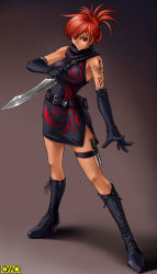 Rule 34 | 1girl, bare shoulders, boots, brown eyes, china dress, chinese clothes, dao (weapon), dark-skinned female, dark skin, dress, elbow gloves, frown, gloves, hei feng, kagami hirotaka, knife, omc, red hair, serious, short hair, side slit, solo, sword, tattoo, thigh strap, tokyo kaidan, weapon