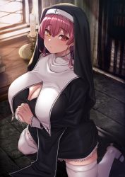 Rule 34 | 1girl, breast press, breasts, candle, cleavage, cleavage cutout, clothing cutout, collar, cross, headdress, highres, hololive, houshou marine, houshou marine (nun), huge breasts, indoors, kneeling, looking at viewer, moisture (chichi), multicolored eyes, nun, praying, red eyes, red hair, solo, thighhighs, virtual youtuber, white thighhighs, yellow eyes
