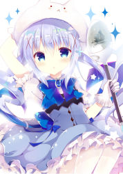 Rule 34 | 1girl, :o, animal hat, arm behind head, bitter crown, blue bow, blue eyes, blue hair, blue ribbon, blue skirt, blue vest, blush, bow, brooch, commentary request, frilled gloves, frilled skirt, frills, gloves, gochuumon wa usagi desu ka?, hair between eyes, hair ornament, hat, holding, holding wand, jewelry, kafuu chino, long hair, looking at viewer, magical girl, pantyhose, parted lips, puffy short sleeves, puffy sleeves, rabbit hat, ribbon, shirt, short sleeves, sidelocks, skirt, solo, spoon, tippy (gochiusa), twintails, very long hair, vest, wand, white gloves, white pantyhose, white shirt, x hair ornament