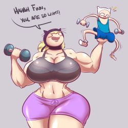 Rule 34 | 1boy, 1girl, adventure time, blonde hair, blush, blush stickers, breasts, curvy, dumbbell, exercising, finn the human, grey background, highres, hood, huge breasts, long hair, midriff, muscular, open mouth, shorts, simple background, size difference, susan strong, xanafar