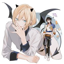Rule 34 | 2boys, black hair, blonde hair, blue background, blue eyes, cloud, demon boy, demon horns, demon tail, demon wings, eichi turnr, ensemble stars!, facing viewer, highres, horns, looking at another, male focus, multiple boys, open mouth, parted lips, red eyes, sakuma rei (ensemble stars!), smile, tail, tenshouin eichi, umbrella, white background, wings