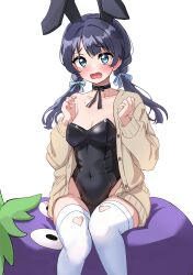 Rule 34 | 1girl, absurdres, animal ears, bean bag chair, black choker, black leotard, blue eyes, blue hair, blush, breasts, brown cardigan, cardigan, choker, cleavage, clothing cutout, collarbone, covered navel, ear blush, eggplant, ereka, fake animal ears, furrowed brow, heart cutout, highres, leotard, link! like! love live!, long sleeves, looking at viewer, love live!, medium breasts, mole, mole on neck, murano sayaka, open cardigan, open clothes, open mouth, playboy bunny, rabbit ears, ribbon choker, solo, strapless, strapless leotard, swept bangs, thighhighs, twintails, upper body, wavy mouth, white background, white thighhighs