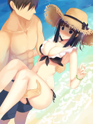 Rule 34 | 1boy, 1girl, abs, absurdres, ass, bikini, black bikini, black hair, blunt bangs, blush, bracelet, breasts, carrying, cleavage, collarbone, commentary request, faceless, faceless male, front-tie bikini top, front-tie top, hat, highres, hime cut, jewelry, large breasts, long hair, maid, maid bikini, midriff, mole, mole under eye, navel, nose blush, ocean, original, parted lips, princess carry, shaded face, short hair, shorts, side-tie bikini bottom, sidelocks, standing, straw hat, swimsuit, topless male, unconventional maid, zabuton4949