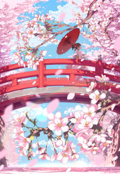 Rule 34 | 1girl, ayataka, blue sky, blush, bridge, brown eyes, brown hair, cherry blossoms, closed mouth, cloud, cloudy sky, commentary request, day, floral print, flower, hair bun, hair flower, hair ornament, highres, holding, holding umbrella, japanese clothes, kimono, long sleeves, obi, oil-paper umbrella, original, outdoors, petals, red umbrella, sash, single hair bun, sky, solo, standing, tree, umbrella, wide sleeves