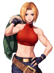 Rule 34 | 1girl, bare shoulders, belt, blonde hair, blue eyes, blue gloves, blue mary, breasts, commentary request, evilgun, fatal fury, fingerless gloves, fingernails, gloves, green jacket, hand up, highres, holding, jacket, medium breasts, midriff, multiple belts, navel, pants, parted bangs, parted lips, red tank top, shiny clothes, short hair, simple background, sleeveless, smile, snk, solo, stomach, tank top, the king of fighters, turtleneck, white background