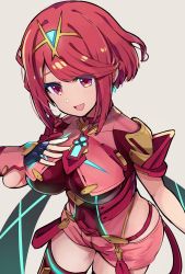 Rule 34 | 1girl, black gloves, breasts, chest jewel, earrings, fingerless gloves, gem, gloves, headpiece, highres, hirotaka (hrtk990203), jewelry, large breasts, pyra (xenoblade), red eyes, red hair, red shorts, red thighhighs, short hair, short shorts, shorts, solo, swept bangs, thighhighs, tiara, xenoblade chronicles (series), xenoblade chronicles 2