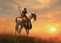 Rule 34 | 1girl, absurdres, aged up, fire emblem, fire emblem: three houses, grass, highres, holding, holding weapon, horse, horseback riding, lance, leonie pinelli, nintendo, orange hair, polearm, reins, riding, saddle, shield, short hair, solo, spear, sunset, weapon