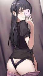 Rule 34 | 1girl, ass, backless panties, black choker, black hair, black panties, black shirt, blouse, butt crack, cellphone, choker, closed mouth, clothes pull, cowboy shot, from behind, highres, holding, holding phone, idolmaster, idolmaster shiny colors, indoors, long hair, looking at viewer, mayuzumi fuyuko, nakamura rohane, panties, phone, pink skirt, selfie, shirt, short sleeves, skirt, skirt pull, smartphone, smile, solo, two side up, underwear, yellow eyes