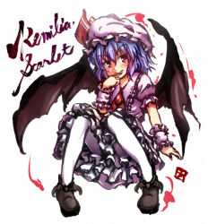 Rule 34 | 1girl, bat wings, blue hair, bow, brooch, hat, hat bow, jewelry, licking, licking finger, pantyhose, red eyes, remilia scarlet, solo, touhou, umarutsufuri, white background, white pantyhose, wings