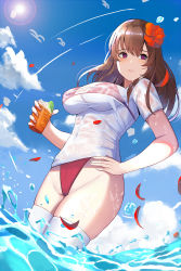 Rule 34 | 1girl, bad id, bad pixiv id, bikini, bikini under clothes, blouse, blue sky, breasts, cloud, cloudy sky, collarbone, commentary request, day, from below, gongba laoge, highres, large breasts, long hair, looking at viewer, micro bikini, original, outdoors, parted lips, partially submerged, red bikini, see-through, shirt, sky, solo, standing, sunlight, swimsuit, thighhighs, thighs, wading, water, wet, wet clothes, wet shirt, white shirt, white thighhighs