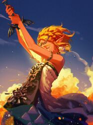 Rule 34 | 1girl, armlet, bare shoulders, blonde hair, braid, breasts, circlet, closed eyes, cowboy shot, crown braid, dress, earrings, gold trim, highres, holding, holding sword, holding weapon, jewelry, long dress, master sword, medium breasts, nintendo, outdoors, parted bangs, pointy ears, princess zelda, short hair, sidelocks, solo, stab, strapless, strapless dress, sword, teardrop facial mark, tears, the legend of zelda, the legend of zelda: tears of the kingdom, thick eyebrows, toaot, weapon, white dress